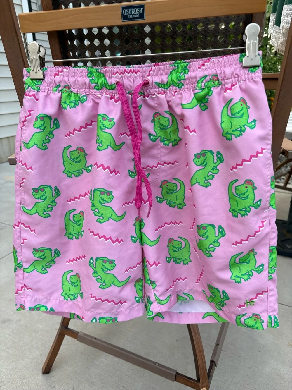 Tipsy Elves Men’s Pink Swim Shorts with Green Dinosaur Print- size M